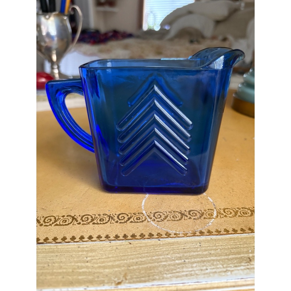 Hazel-Atlas Style Cobalt Blue Chevron‎ Glass Pitcher Vintage
